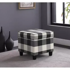 Kirklands Home Benches & Ottomans|Cream Buffalo Plaid Upholstered Storage Ottoman