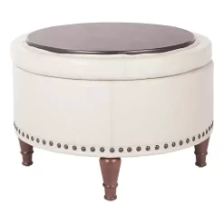 Kirklands Home Benches & Ottomans|Cream Leather Antique Nailhead Storage Ottoman Ivory