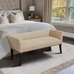 Kirklands Home Benches & Ottomans|Cream Low Back Flared Arms Bench Ivory