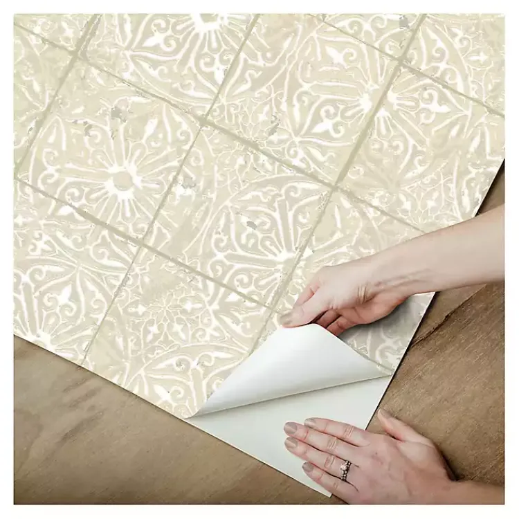 Kirklands Home Wall Murals & Wallpaper|Cream Provincial Tiles Peel & Stick Wallpaper Tan