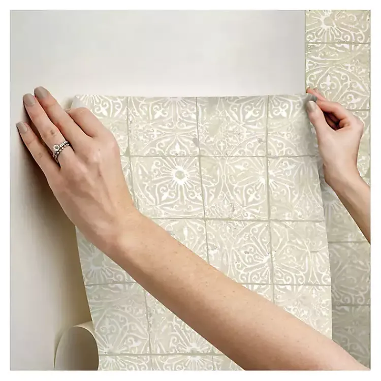 Kirklands Home Wall Murals & Wallpaper|Cream Provincial Tiles Peel & Stick Wallpaper Tan