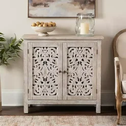 Kirklands Home Cabinets & Sideboards|Cream Washed Wood Carved Door Cabinet Tan