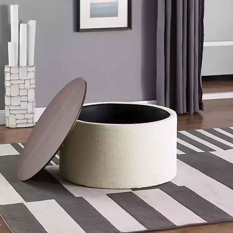 Kirklands Home Benches & Ottomans|Cream Woven Wood Top Storage Ottoman Ivory