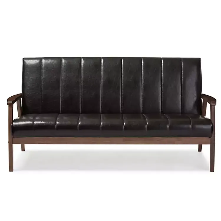 Kirklands Home Sofas & Loveseats|Dark Faux Leather Channel Sofa, 63 in. Brown