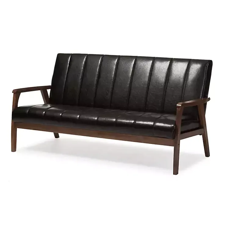 Kirklands Home Sofas & Loveseats|Dark Faux Leather Channel Sofa, 63 in. Brown