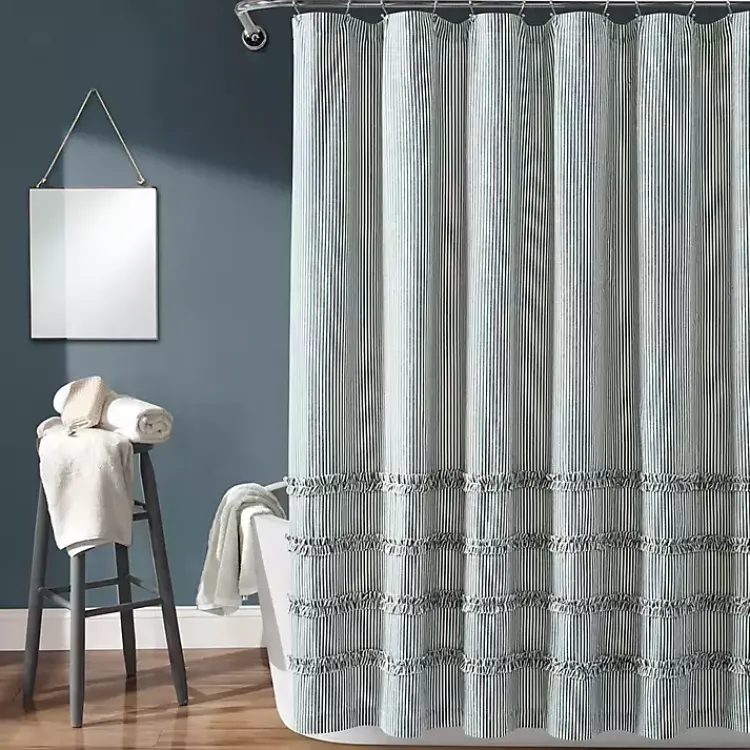 Kirklands Home Shower Curtains|Denim Vintage Stripe Shower Curtain Blue