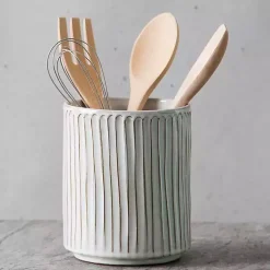 Kirklands Home Kitchen Storage|Earthy Embossed Lines Utensil Crock White