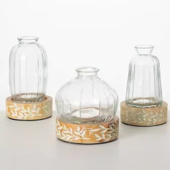 Online Embossed Wood and Glass Vases, Set of 3 Vases