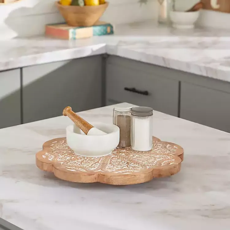 Kirklands Home Serving & Entertaining|Floral Wood Lazy Susan Cake Stand Brown