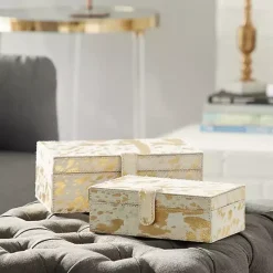 New Gold Leather Hide Rustic 2-pc. Box Set Baskets & Boxes