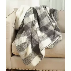 Discount Gray and White Plaid Faux Mohair Sherpa Throw Blankets & Throws