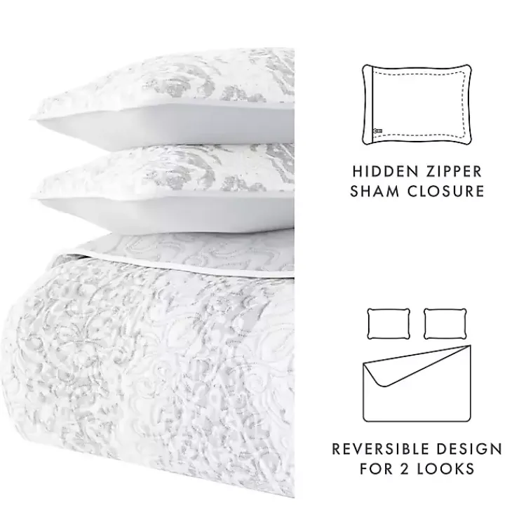 Kirklands Home Quilts|Gray Damask Reversible 3-pc. King Quilt Set