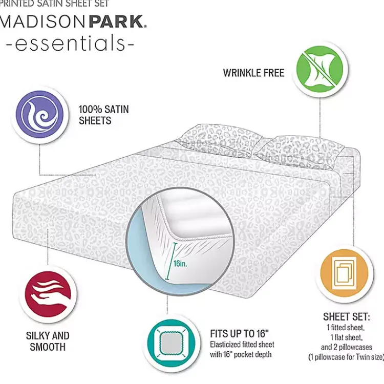 Kirklands Home Bed Sheets|Gray Leopard Print Satin 3-pc. Twin Sheet Set