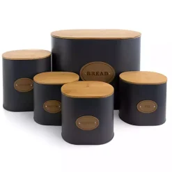 Kirklands Home Kitchen Storage|Metal and Bamboo Label Canisters, Set of 5 Gray