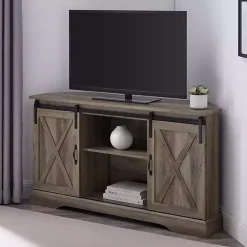Kirklands Home Tv Stands & Media Consoles|Sliding Barn Doors Corner TV Stand Gray