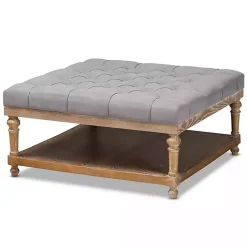 Kirklands Home Benches & Ottomans|Upholstered Linen Tufted Ottoman with Shelf Gray