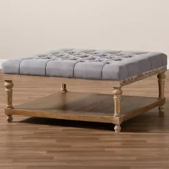 Kirklands Home Benches & Ottomans|Upholstered Linen Tufted Ottoman with Shelf Gray