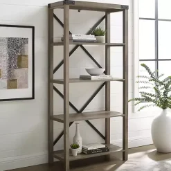 Kirklands Home Bookshelves|Wash Metal X Frame Back Bookshelf Gray