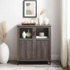 Kirklands Home Cabinets & Sideboards|Wood Glass Windows Storage Cabinet Gray