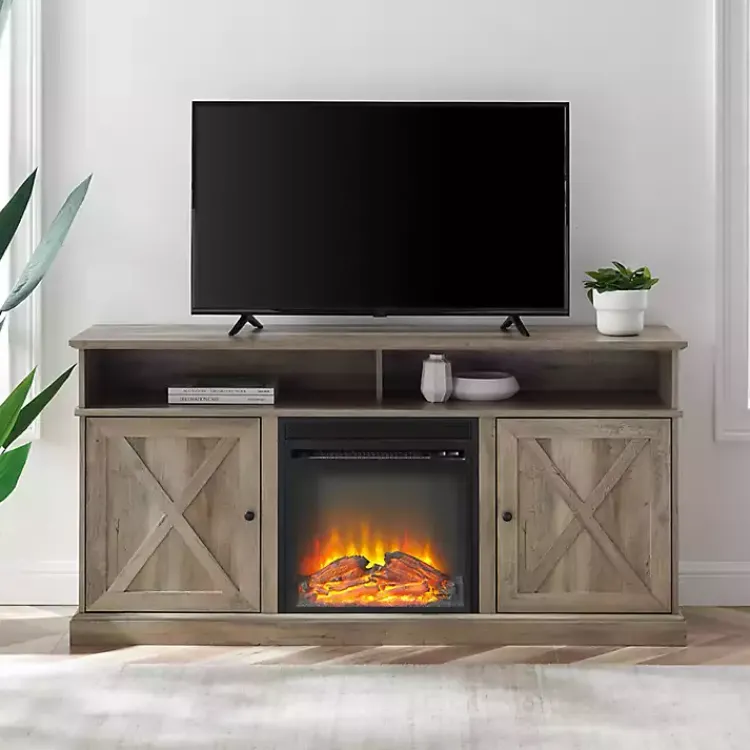 Kirklands Home Tv Stands & Media Consoles|Graywash Rustic Fireplace Cabinet Brown