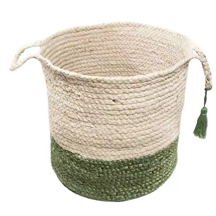 Online Green and Cream Woven Basket with Tassel, 17 in. Baskets & Boxes