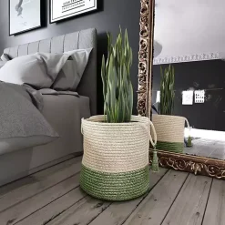 Online Green and Cream Woven Basket with Tassel, 17 in. Baskets & Boxes