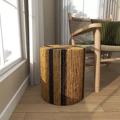 Kirklands Home Accent & End Tables|Handmade Round Banana Leaf Striped Accent Table Brown