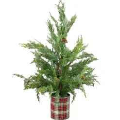 Online Iced Mini Cedar Tree in Plaid Metal Planter Christmas Arrangements & Garland