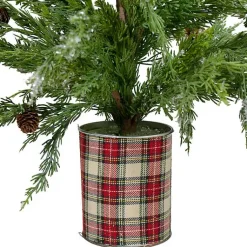 Online Iced Mini Cedar Tree in Plaid Metal Planter Christmas Arrangements & Garland