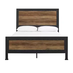 Kirklands Home Beds & Headboards|Industrial Rustic Oak Queen Bed with Metal Frame Brown