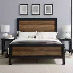 Kirklands Home Beds & Headboards|Industrial Rustic Oak Queen Bed with Metal Frame Brown