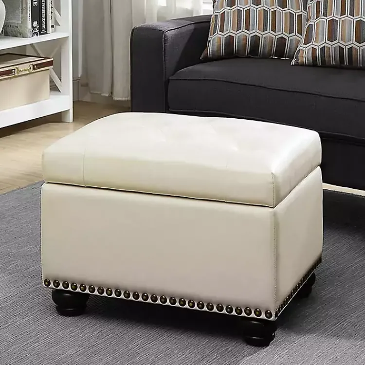 Kirklands Home Benches & Ottomans|Faux Leather Jessy Storage Ottoman Ivory
