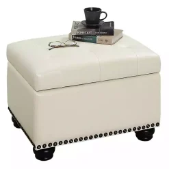 Kirklands Home Benches & Ottomans|Faux Leather Jessy Storage Ottoman Ivory