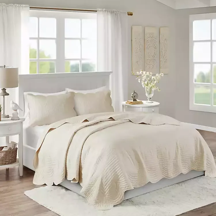 Kirklands Home Bedspreads & Coverlets|Scalloped Monica 3-pc. Queen Coverlet Set Ivory