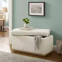 Kirklands Home Benches & Ottomans|Ivory Sherpa & Pine Rectangle Storage Ottoman