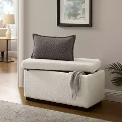 Kirklands Home Benches & Ottomans|Ivory Sherpa & Walnut Rectangle Storage Ottoman