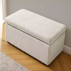 Kirklands Home Benches & Ottomans|Ivory Sherpa & Walnut Rectangle Storage Ottoman