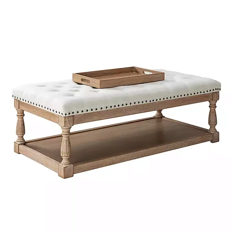 Kirklands Home Benches & Ottomans|Tufted Rectangle Wood Ottoman Ivory