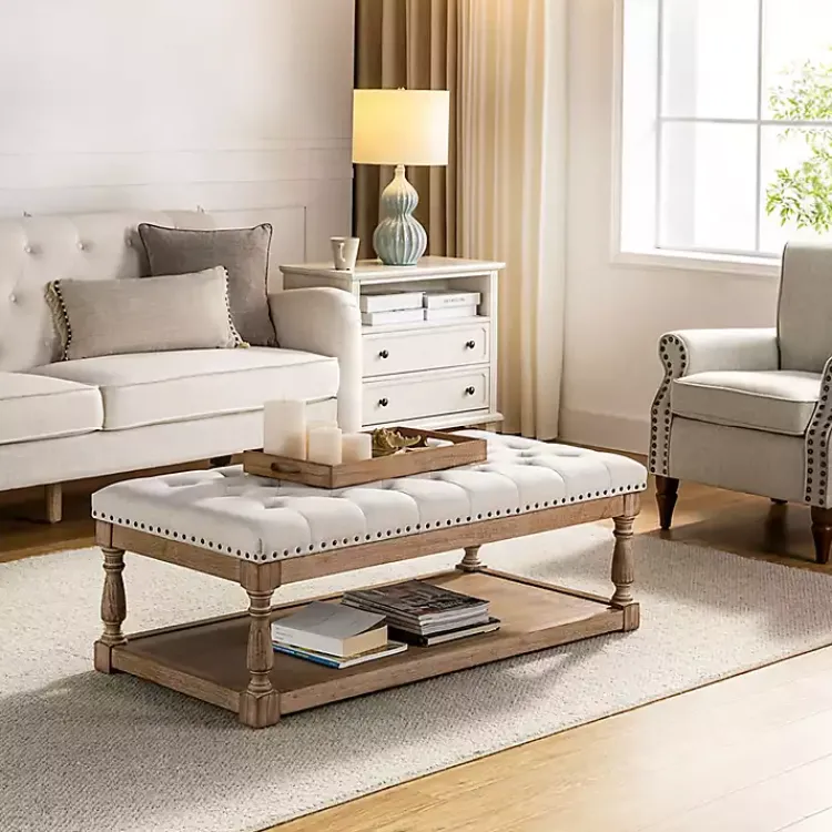 Kirklands Home Benches & Ottomans|Tufted Rectangle Wood Ottoman Ivory