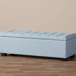 Kirklands Home Benches & Ottomans|Light Grid Tufted Upholstered Ottoman Blue