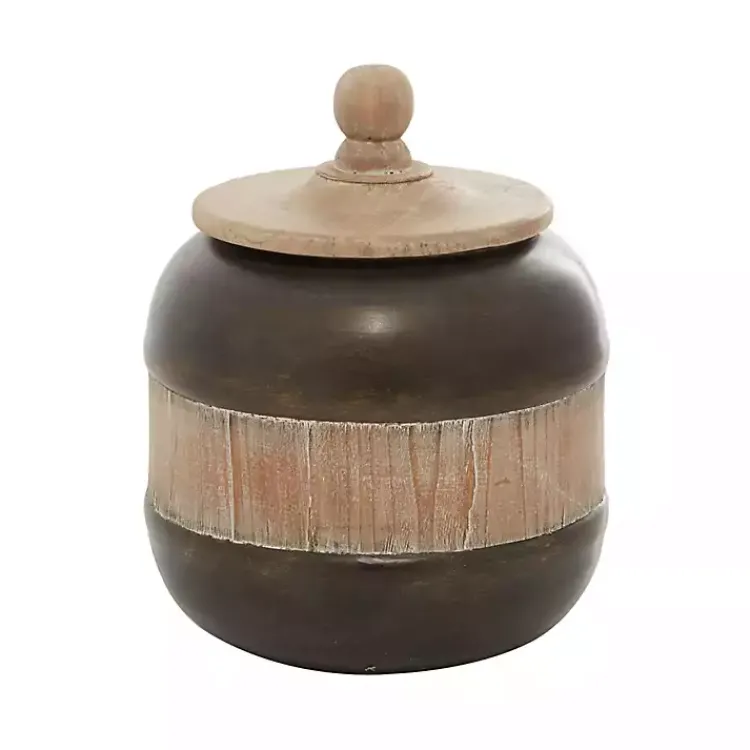 Hot Mahogany Wood and Metal Jar with Lid, 11 in. Decorative Bowls & Jars