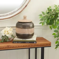 Hot Mahogany Wood and Metal Jar with Lid, 11 in. Decorative Bowls & Jars