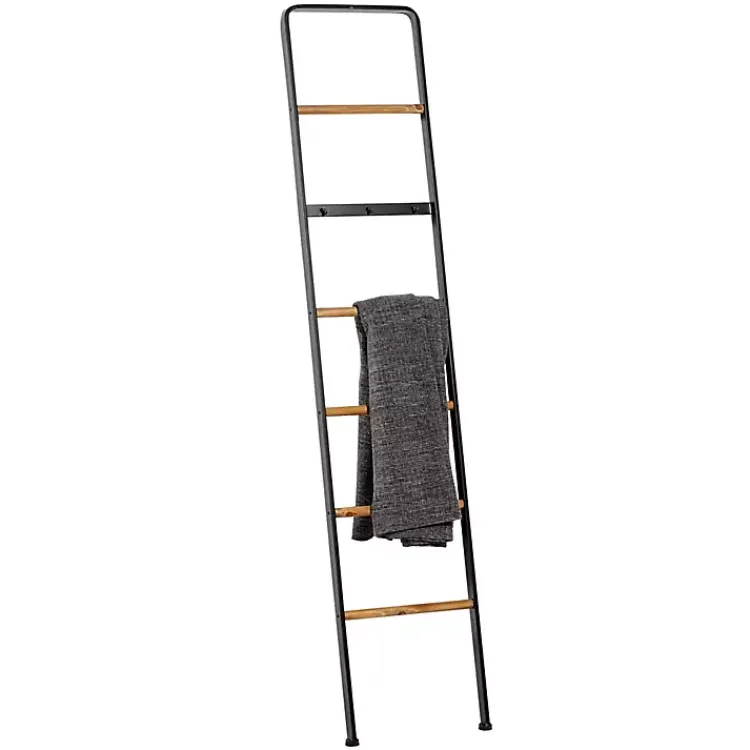Hot Metal and Fir Wood Leaning Ladder with Hooks Decorative Accents