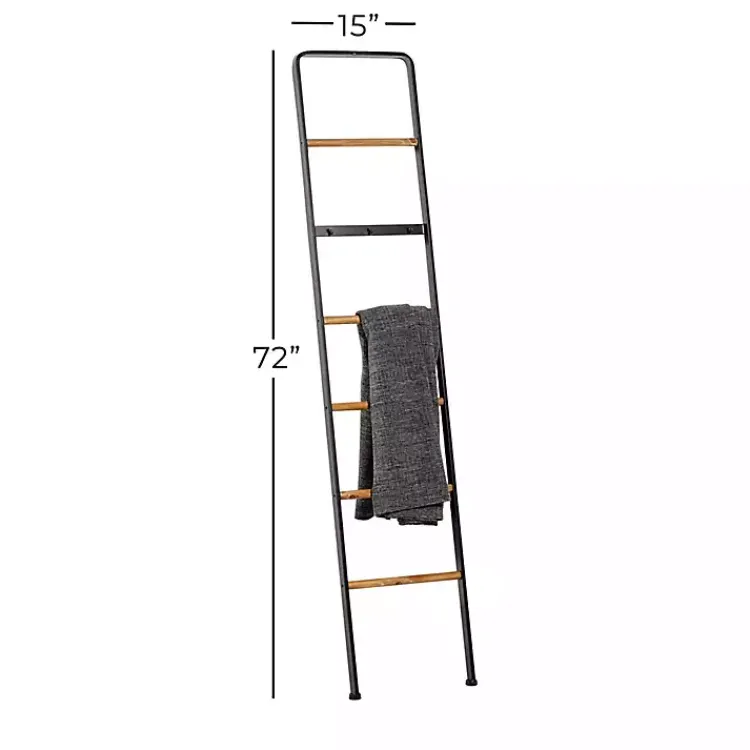 Hot Metal and Fir Wood Leaning Ladder with Hooks Decorative Accents