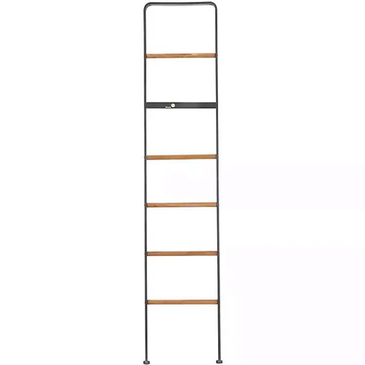 Hot Metal and Fir Wood Leaning Ladder with Hooks Decorative Accents