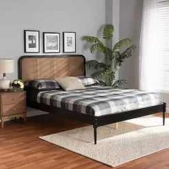 Kirklands Home Beds & Headboards|Mid-Century Black Wood Rattan Queen Platform Bed