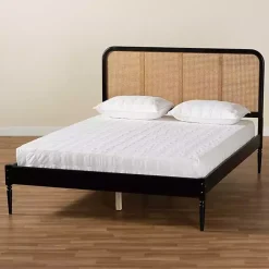 Kirklands Home Beds & Headboards|Mid-Century Black Wood Rattan Queen Platform Bed
