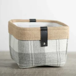 Clearance Mini Gray Plaid Bin with Leather Accent Baskets & Boxes