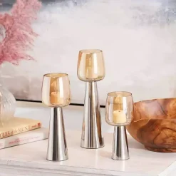 Modern Silver Base Glass 3-pc. Candle Holder Set Candle Holders