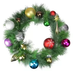 New Multicolored Ornaments and Pine Wreath Christmas Wreaths